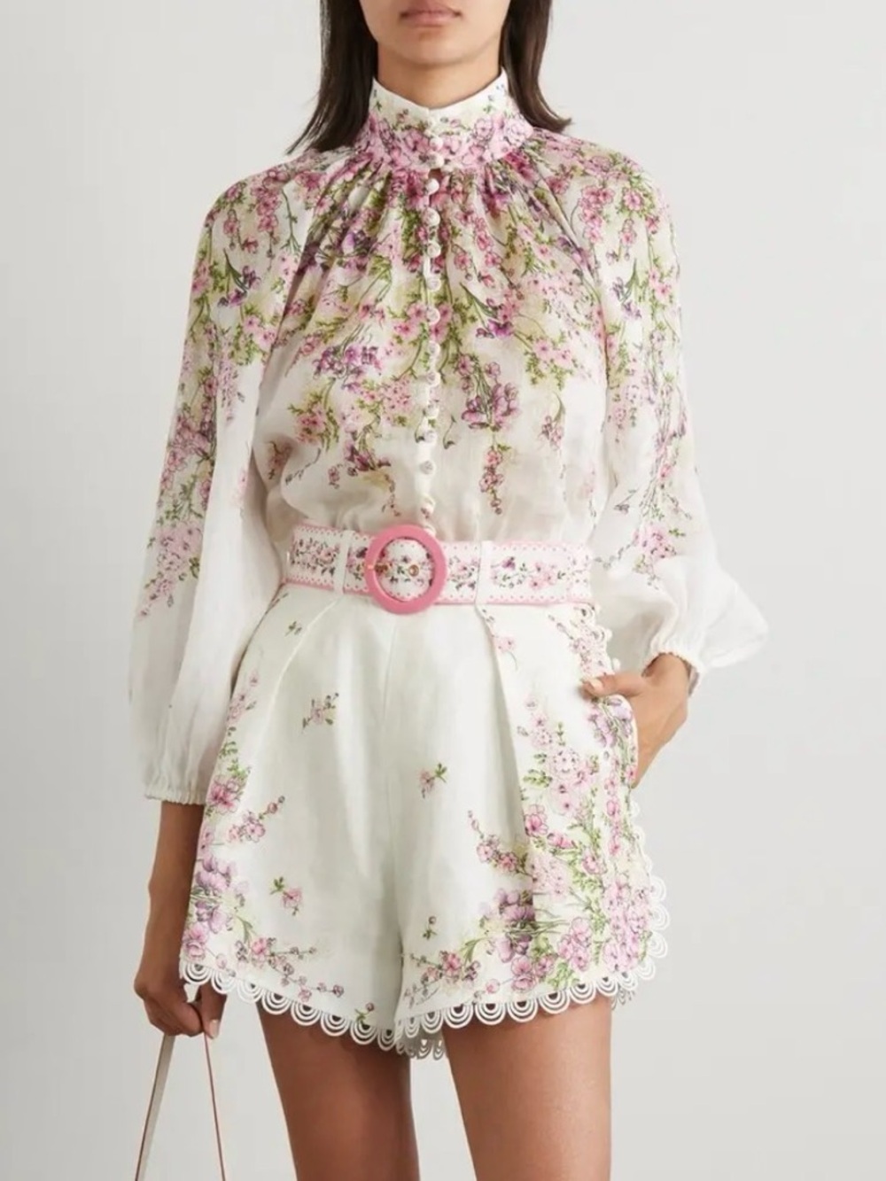 Zimmermann White High-Waist Floral Shorts & Blouse with Pink Belt